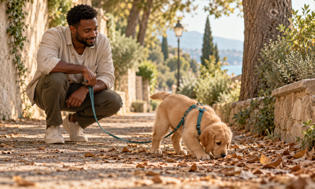 Un cachorro olfatea hojas secas durante un paseo con su tutor