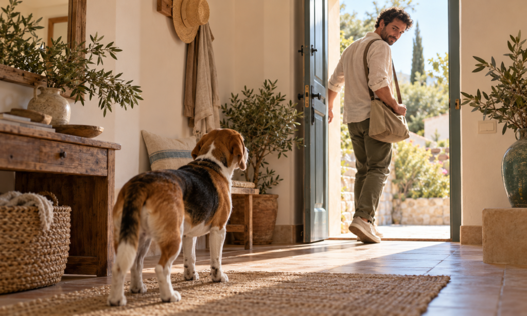 Un beagle observa cómo su tutor sale por la puerta de casa