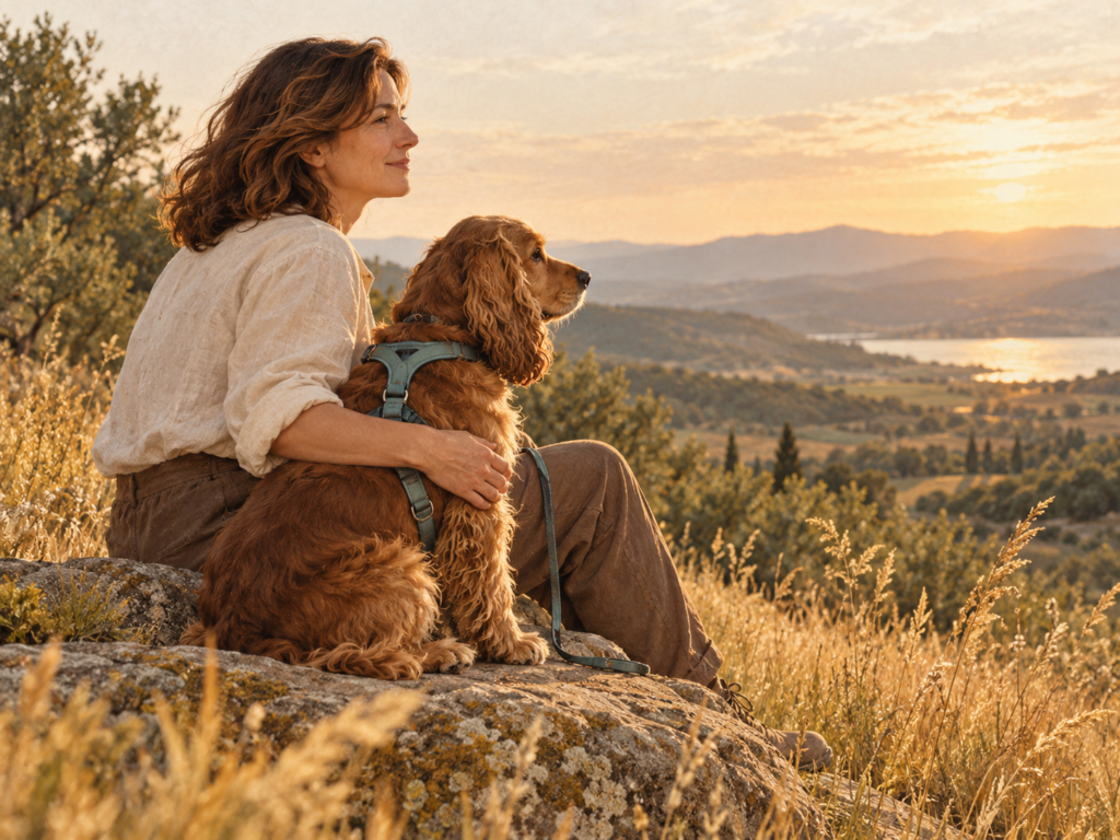 Una mujer abraza a su perro mientras contemplan juntos el atardecer