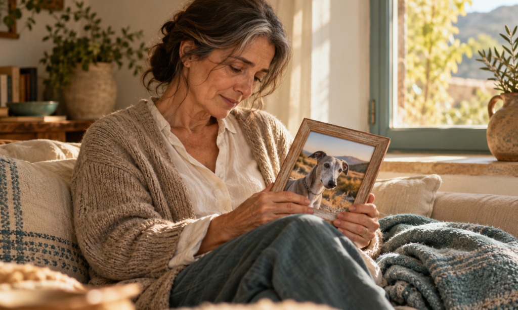Una mujer mira con cariño la foto enmarcada de su perro junto a una ventana