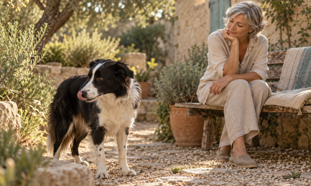 Un border collie se relame mientras su tutora le observa en un jardín